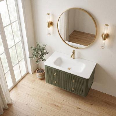 36" Wall-Mounted Floating Bathroom Vanity With Integrated Acrylic Sink, 4 Soft-Close Dovetail Drawers & Dual Handle Options In Antique Green