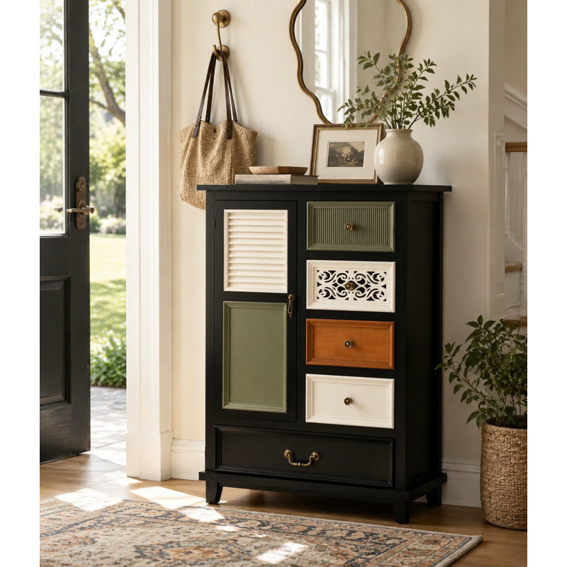 Commode décorative à 5 tiroirs avec porte, armoire de rangement sculptée et cannelée Cayden
