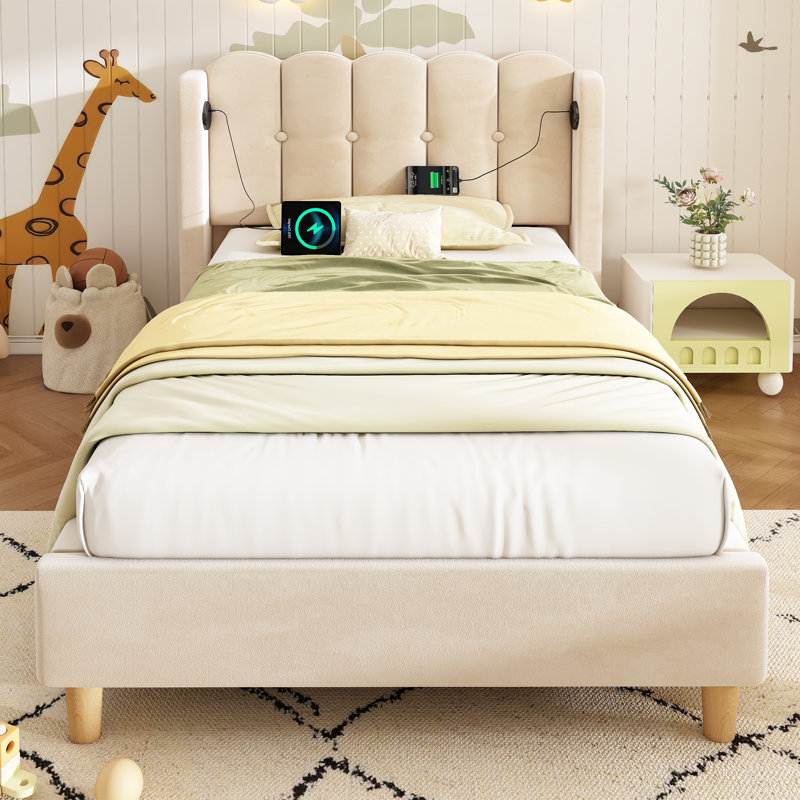 Velvet Grille-Panel Bed With Charging Station, Single (3'), Beige