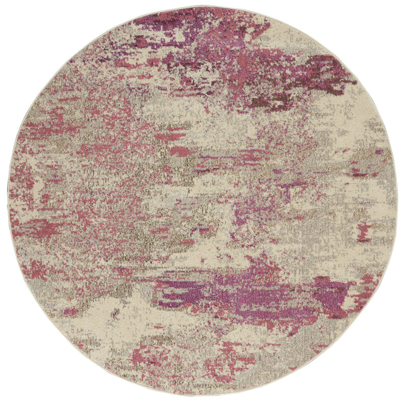 Tapis ivoire / rose à motif abstrait Adrieonna, Rond 5 pi 3 po
