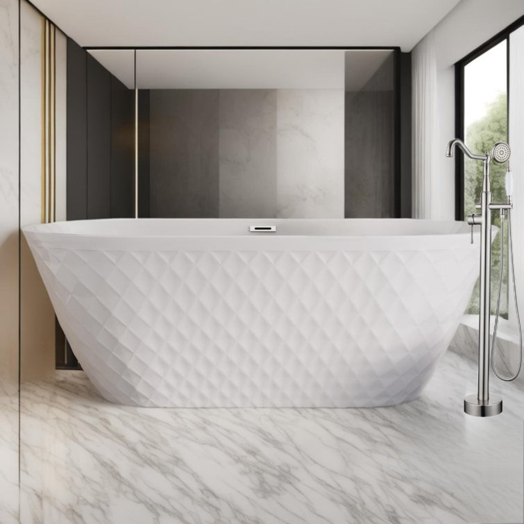 67'' Acrylic Freestanding Bathtub With Unique Diamond Pattern Design Chrome Overflow And Pop-up Drain