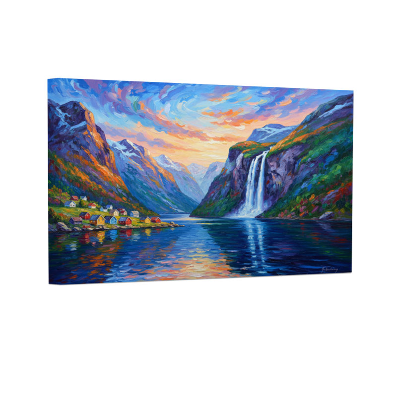 Paysage et nature montagne vallée cascade village ciel reflet couleurs paysage, H 24 po x l 36 po