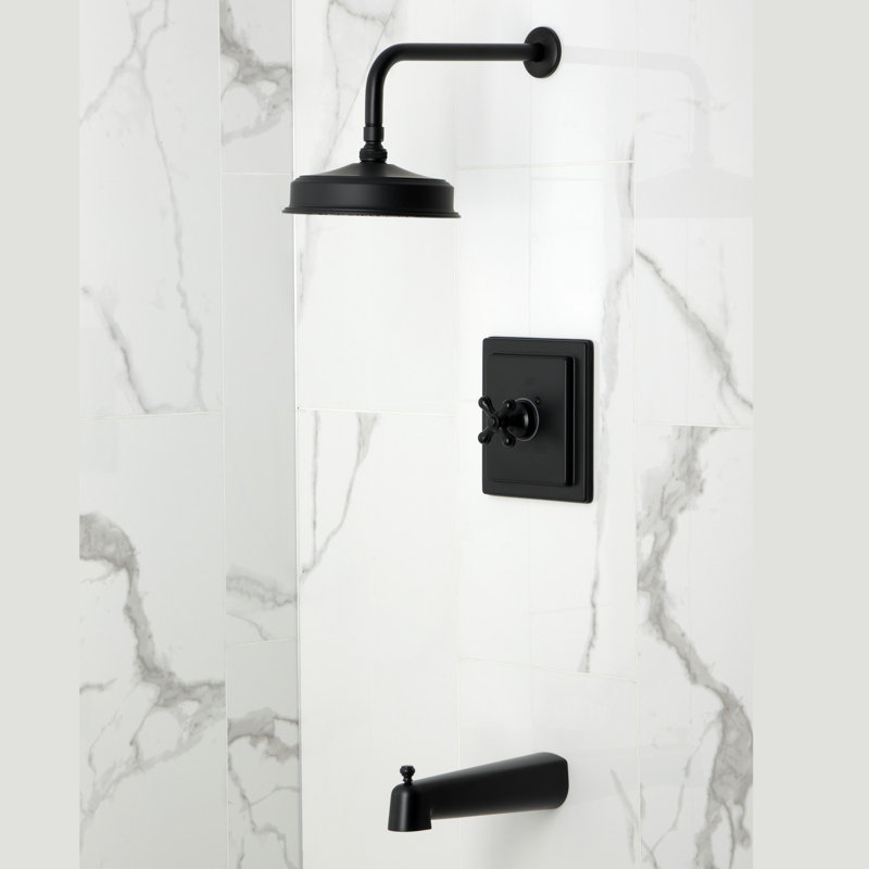 Kingston Brass Revival Single-Handle Pressure Balanced Tub And Shower Faucet, Matte Black, Cross Handle