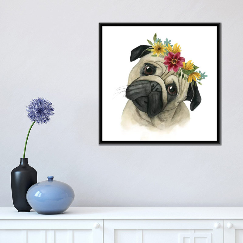 « fleur couronne pup i », impression sur toile, H 18 po x l 18 po x P 1,5 po, Toile avec cadre flottant noir, Pas de tapis