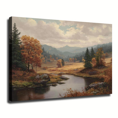 Paysage rétro maison de campagne rivière Cottagecore automne paysage Moody Autumn, grande galerie d'art sur toile tendue pour salon chambre à coucher