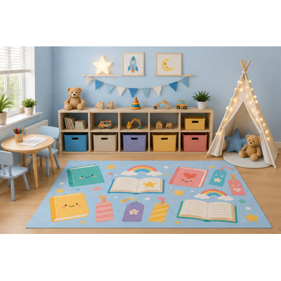"Ultra Lightweight" 5' x 7' Books and Reading Area Rug for Kids Playroom Nursery Bedroom, Storybooks Bookmarks Library Learning Cartoon Decor, Non-Slip Silicone Backing Low Pile