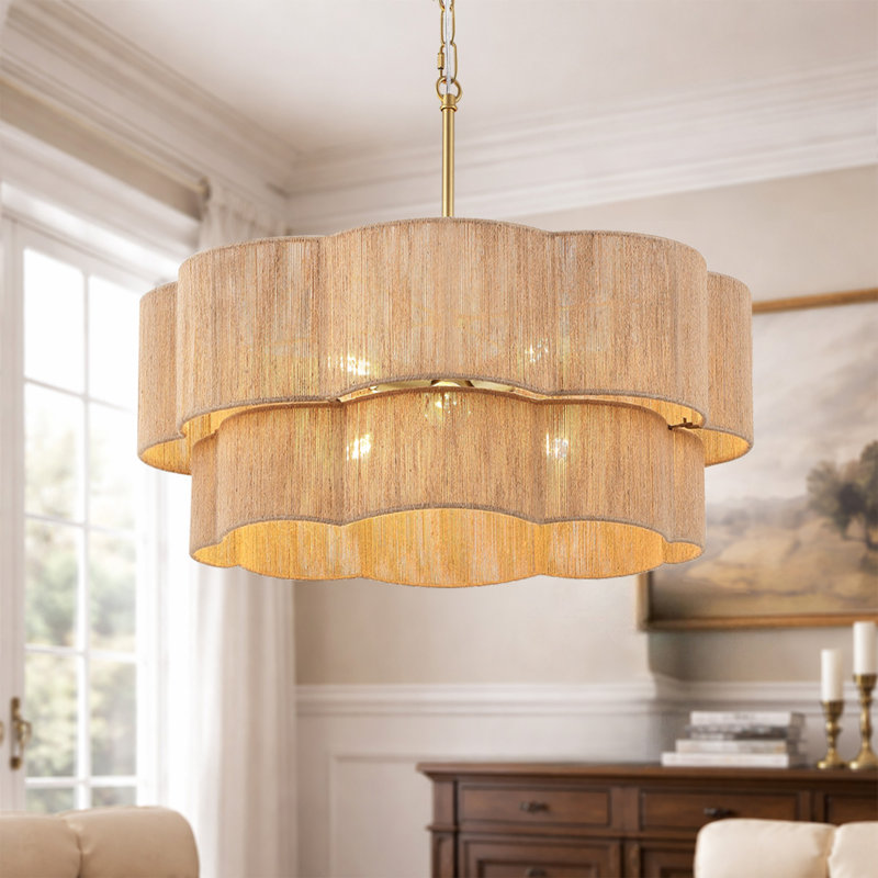 23.2" 6-Light Scalloped Rope Drum Chandelier, Gold, Brown