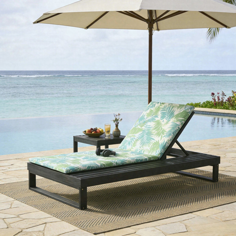Chaise longue noire en bois d'acacia et feuilles de noix de coco 1,57 pouces à 2 positions avec coussin réglable à 4 positions pour le patio