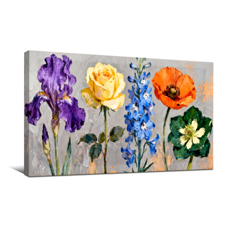 Plantes et fleurs mauve iris jaune rose bleu delphinium orange coquelicot vert, H 28 po x l 58 po