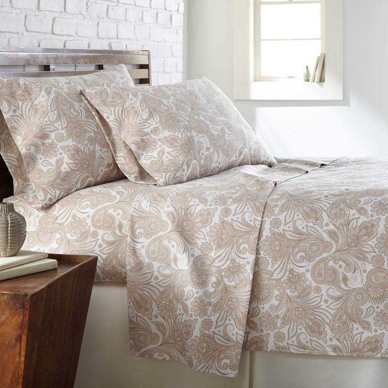 Ensemble de draps South Melody Linens Pure, Très grand californien, Blanc/taupe, Paisley