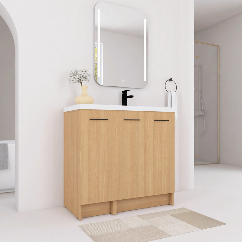 Ensemble de meuble-lavabo sur pied 36 po avec lavabo en résine blanche, portes à fermeture en douceur