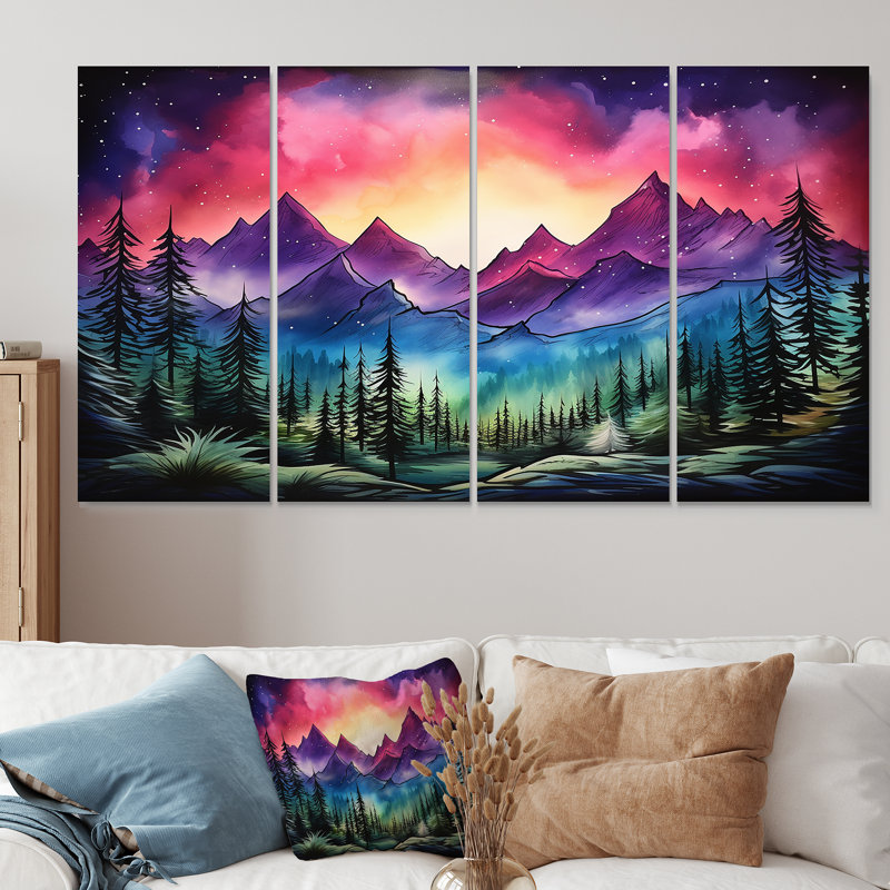 Ensemble de 4 décorations murales mauves aurores boréales mauves II, H 28 po x l 48 po