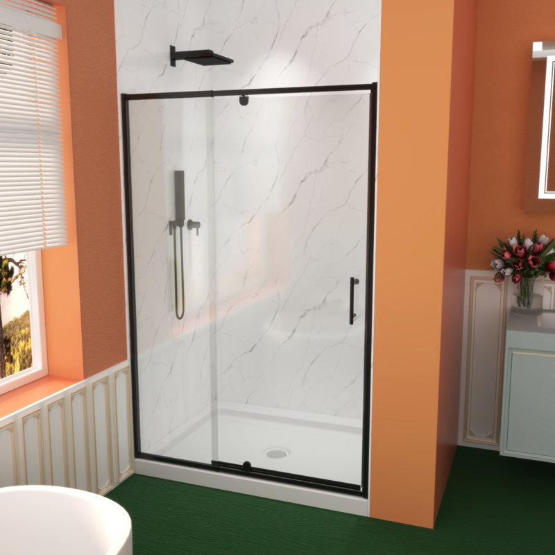 Porte de douche pivotante en verre pivotant, l 48 po x H 71 po, verre trempé clair de 1/4 po, cadre pivotant, durable et facile à installer
