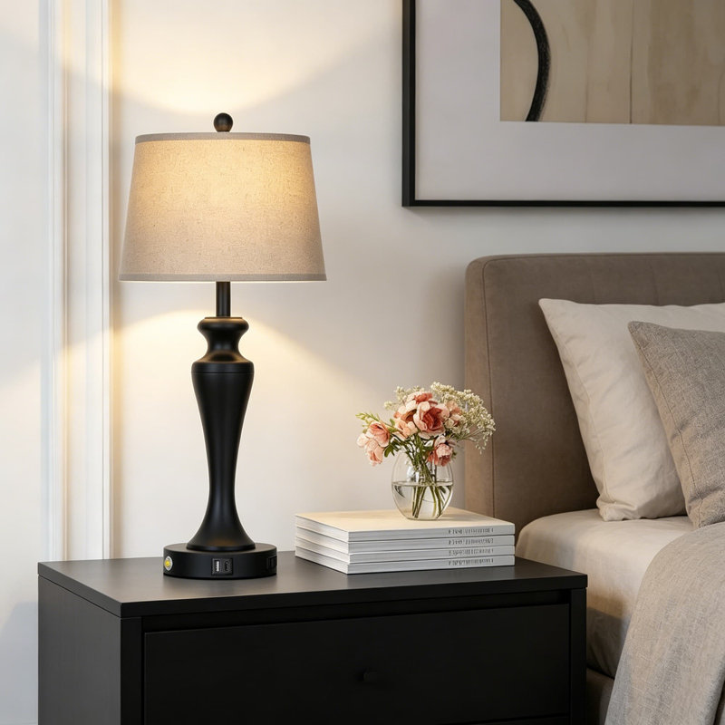Lampe de table moderne à commande tactile avec ports USB A + C et prise de courant, lampe de salon ou de chevet à intensité variable à 3 voies, ampoule DEL incluse, assemblage facile