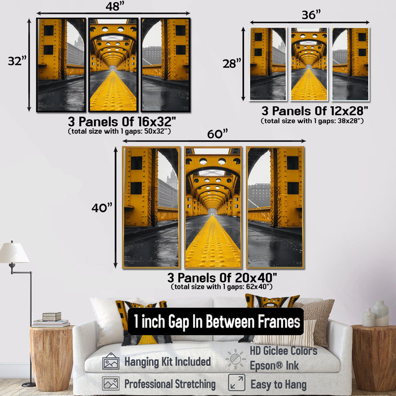 Yellow Black Steel Symphony Bridge I " Yellow Black Steel Symphony Bridge I " 3 - Pieces, Cadre flottant brun