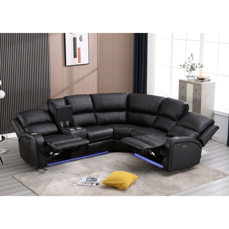 Elroy Faux Leather Power Reclining Sectional with LED, Black Faux Leather