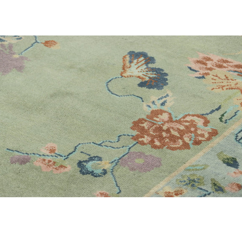 Rug & Kilim’S Chinese Art Deco Runner Rug In Green With Floral Patterns, Runner 2'6" x 14'