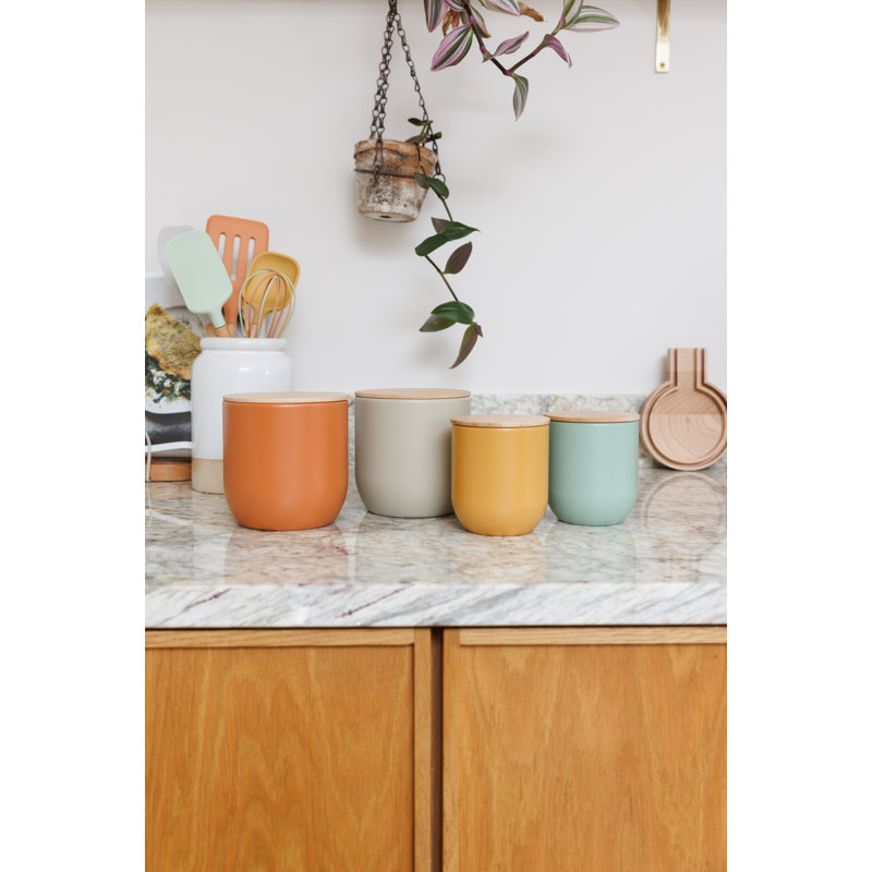 KitchenCraft Idilica Kitchen Canister with Beechwood Lid, 12 x 12cm, Putty, Orange, 12.50 H x 12 W x 12 D cm