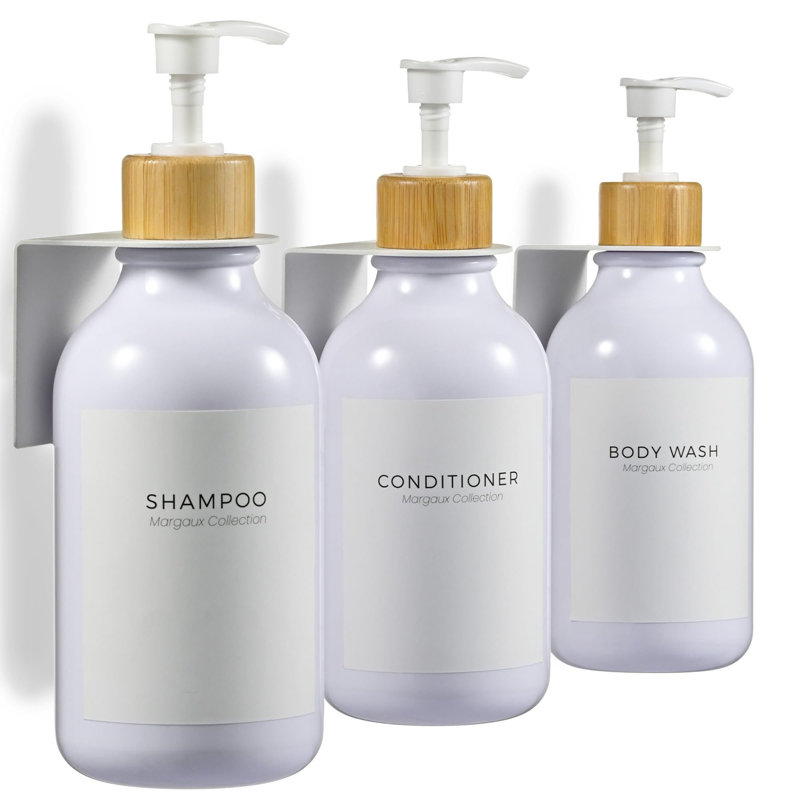 Distributeur de shampooing et revitalisant - Distributeur de savon de douche à fixation murale - Ensemble de 3 bouteilles en plastique blanc 16,9 oz liq. Pompe en bambou - 3 chambres sans perceuse