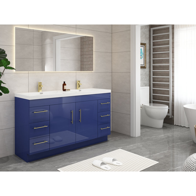 Ensemble de meuble-lavabo double 60 po Carliss, Bleu nuit brillant, Argent