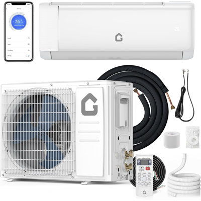 Climatiseur central et thermopompe 9 000 BTU - onduleur 20 SEER2, sans conduit, autonettoyant, silencieux, Wi-Fi et télécommande, installation facile, 230 V, refroidit et chauffe jusqu'à 450 pieds carrés - Norme américaine