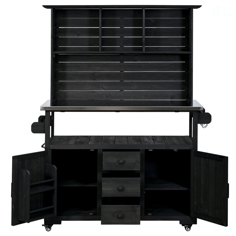 [With Assembly Video] TOPMAX 65''H Large Garden Storage Potting Bench With Lockable Wheels, Wood Outdoor Kitchen Island With Stainless Steel Top, Drawers, Door Shelves And Hutch For Grilling