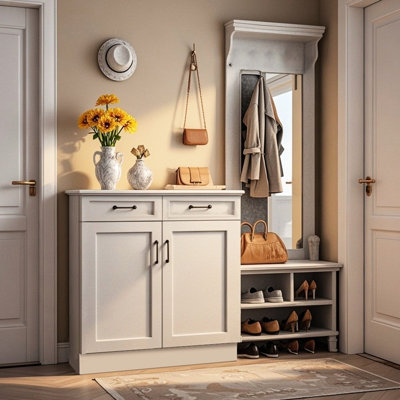 Armoire de cuisine blanche autoportante avec charnières à fermeture en douceur et caoutchouc, 2 portes, 1 tablette, tiroirs en bois massif, l 36 po x H 34,5 po, P 24 po, facile à installer, imperméable et efficace pour la cuisine et la lessive