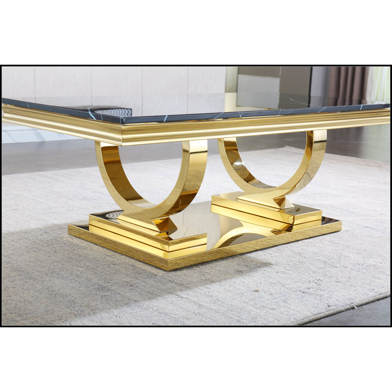 Modern Rectangular Black Marble Coffee Table with Gold Stainless Steel Base