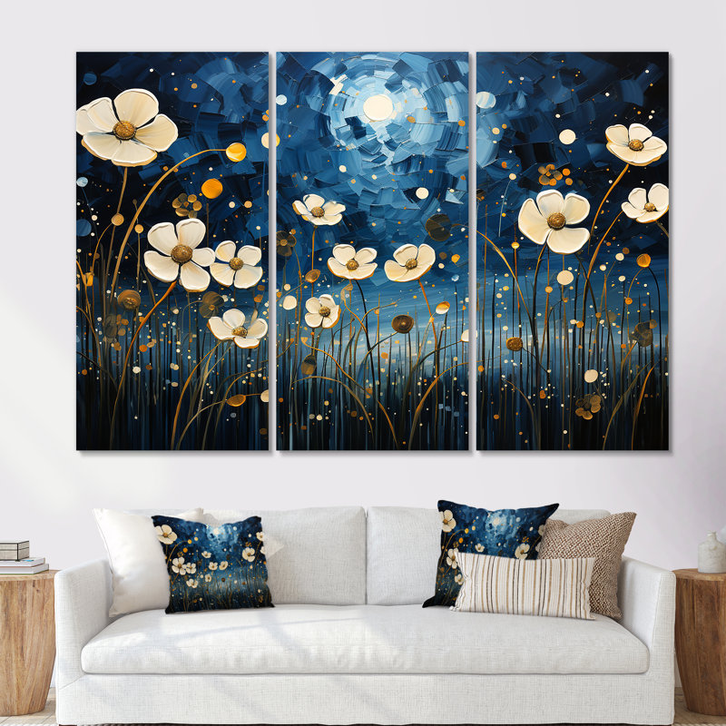 «Midnight Indigo Buttercups II - Buttercups», ensemble de reproduction d'art mural, Toile tendue, H 40 po x l 60 po x P 1 po