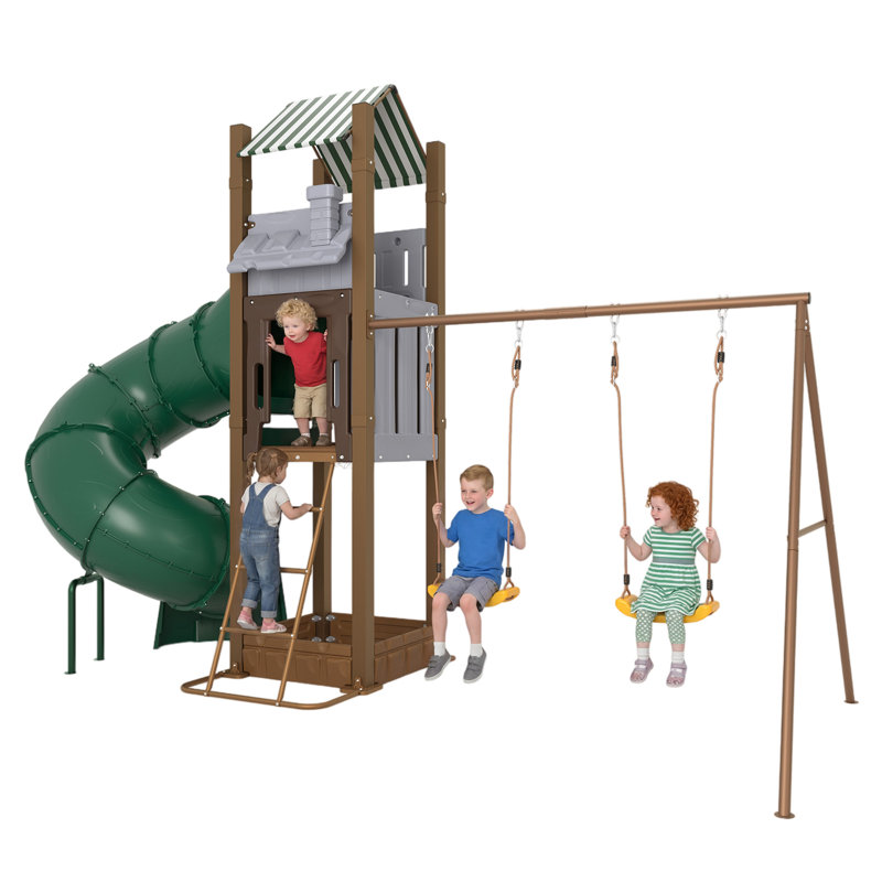 Ensemble de jeu multifonctionnel pour enfants 3-10, en acier galvanisé robuste avec glissade en tube, balançoires doubles, structure d'escalade, cerceau et bac à sable intégré
