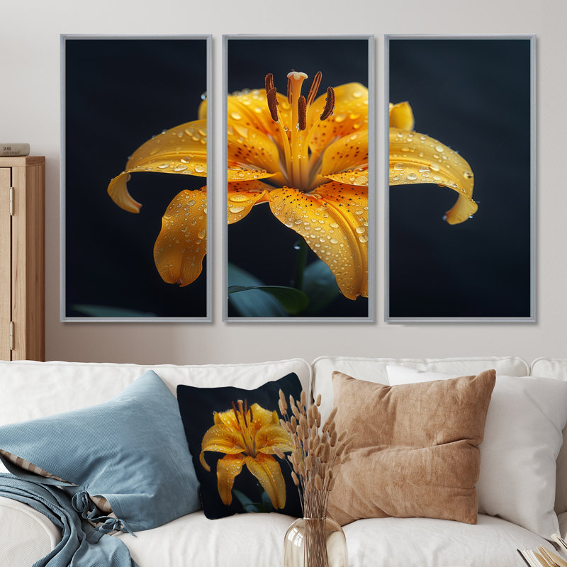 Jaune et noir, lis, printemps, beauté, lys, ensemble d'art mural, Toile argentée avec cadre flottant