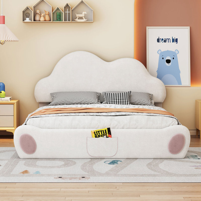 Lit plateforme tapissier taille tête de lit avec pied de lit arrondi et poche, Beige