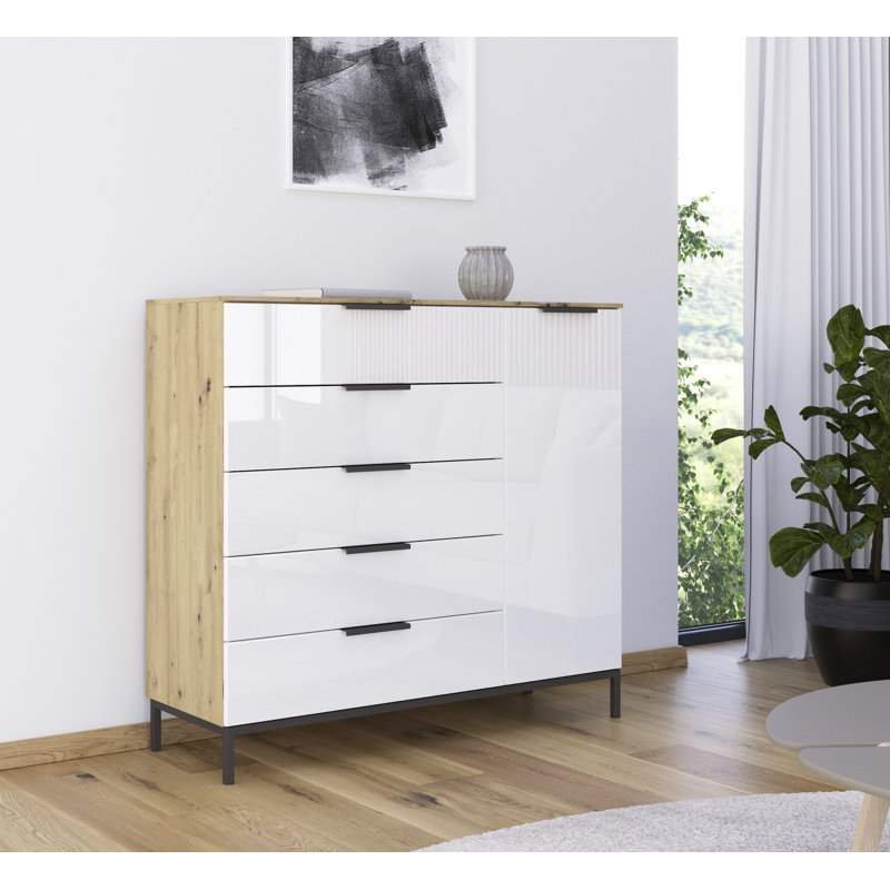 Flipp 5 - Drawer Chest of Drawers, Artisan Oak/White Glass/Graphite
