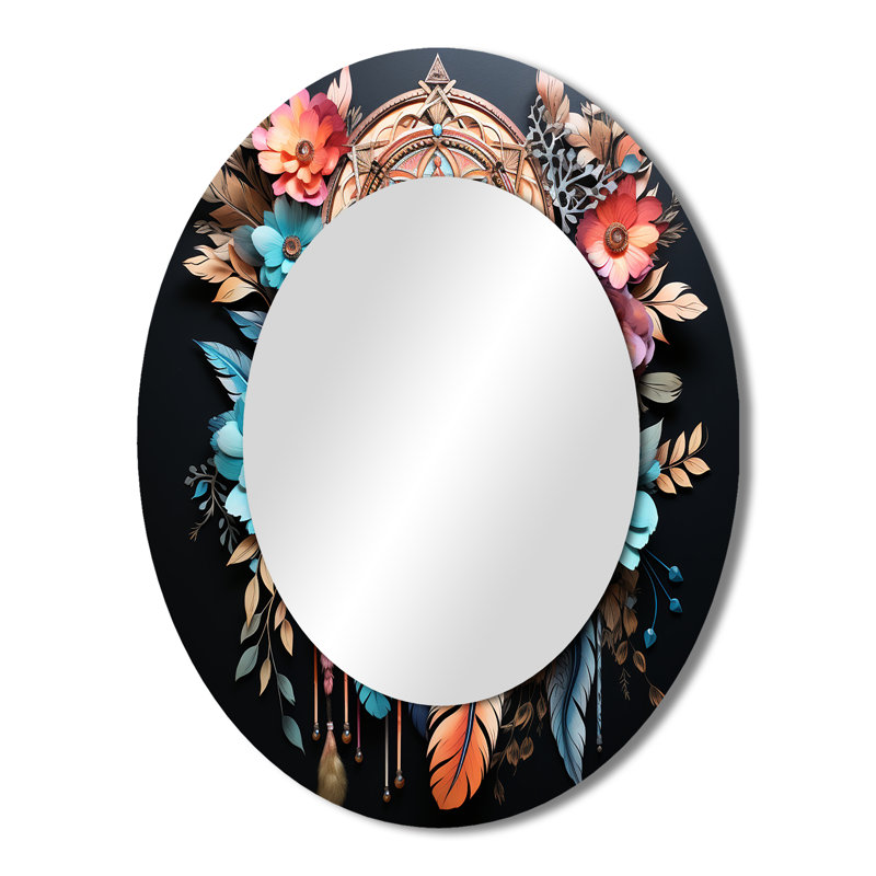 TEAL Pink Boho Dreamcatcher - Traditional Oval Wall Mirror, 43" x 33"