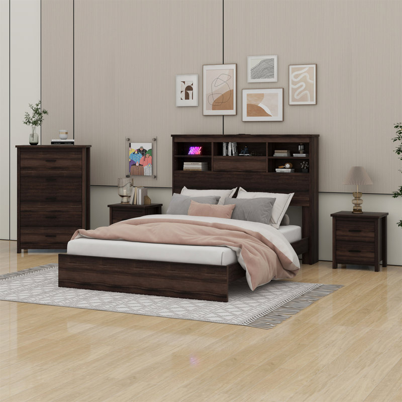 Lit à panneau avec rangement Woodville, Noyer foncé