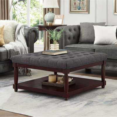 Grande table basse carrée avec repose-pieds en lin capitonné et grand repose-pieds avec tablette en bois massif - gris foncé