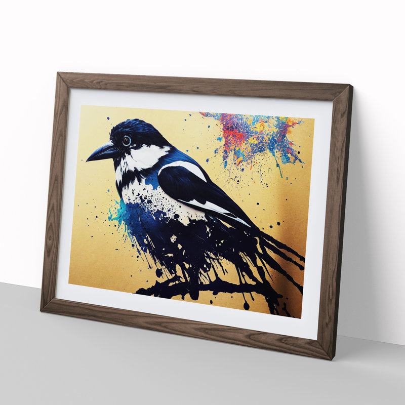 Magpie Bird Splash Vol.4 Abstract 1 Piece Single Picture Frame Painting, 34cm H x 46cm W x 2cm D, Walnut