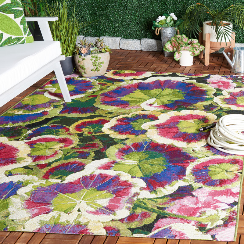 Arainna Makenize Floral Machine Woven Polypropylene Indoor/Outdoor Area Rug in Black/Green/Purple, Rectangle 4' x 6'