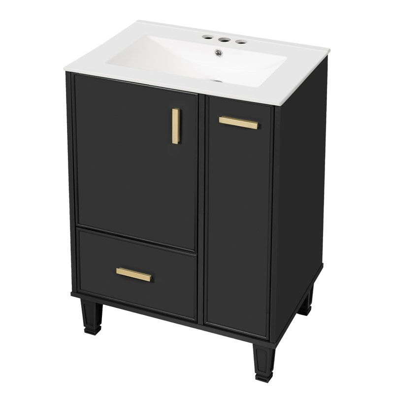 Meuble-lavabo 24 po avec lavabo, armoire de salle de bain avec tablette de porte, tiroir profond, panier coulissant à 2 niveaux, structure en bois massif et panneau de fibres à densité moyenne, un paquet
