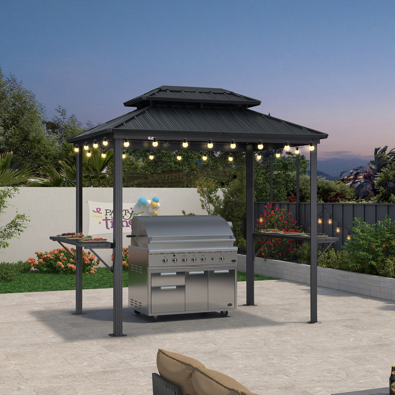 8 Ft. W x 6 Ft. D Aluminum Lighted Hardtop Grill Gazebo with 2 Side Shelves for BBQ, Gray