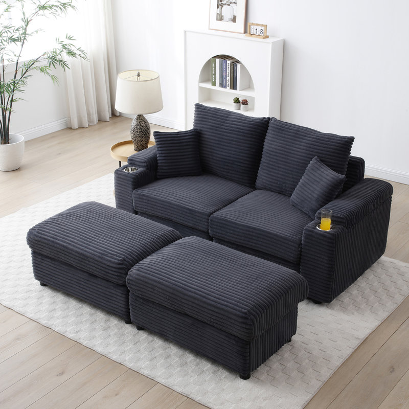 Causeuse avec repose-pieds, canapé modulaire en tissu Corduroy, Gris foncé
