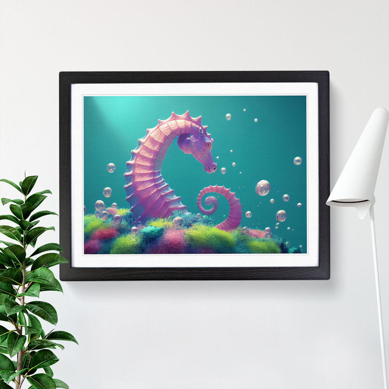 Seahorse Bubbles - Single Picture Frame Print, Black , 46cm H x 64cm W x 2cm D