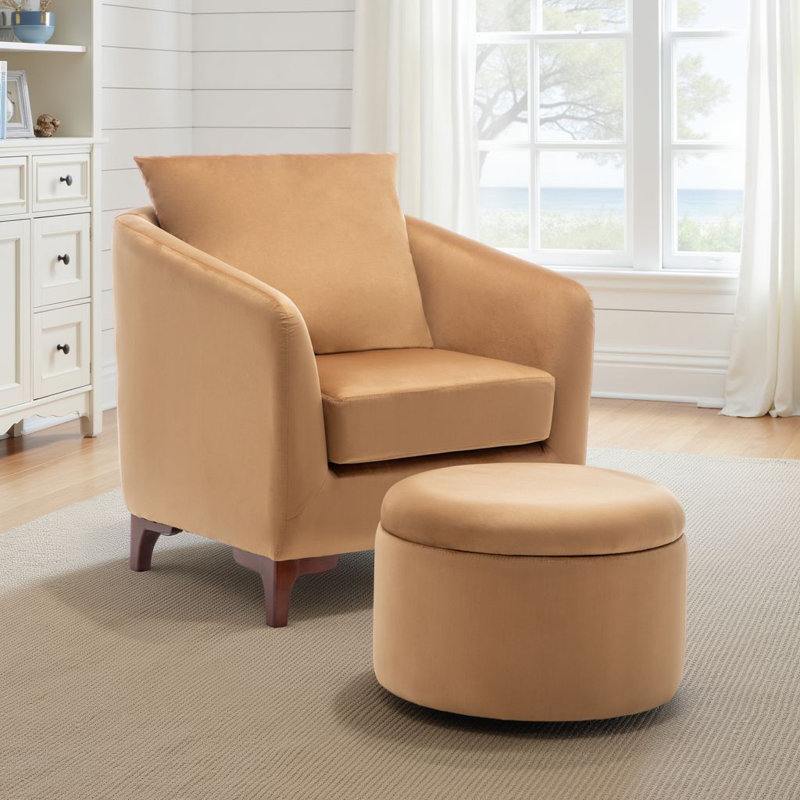 Upholstered Barrel Chair with Footstool, Yellow Velvet