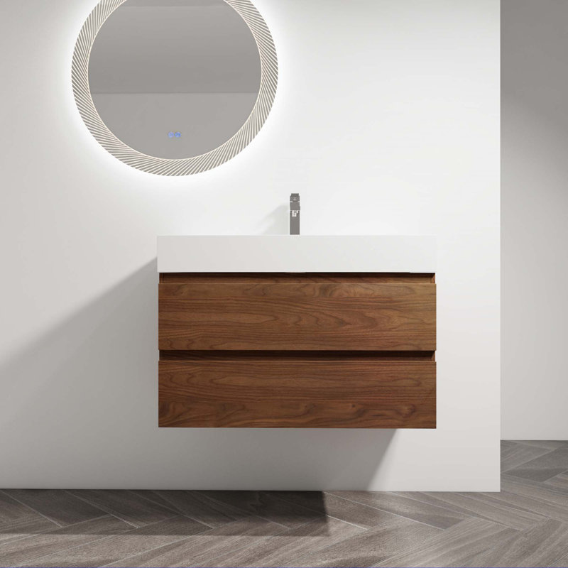 Wall-Mounted Bathroom Vanity With Resin Sink, Brown, 36"