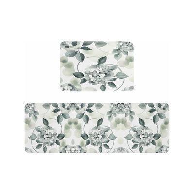 Green White Hydrangea Kitchen Mats, 2-Piece Set Floral Home Decor Rugs For Kitchen & Entryway
