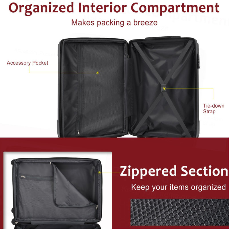 Ensemble de valises extensibles Hardshell en ABS 2 pièces avec roulettes TSA Lock, Rouge