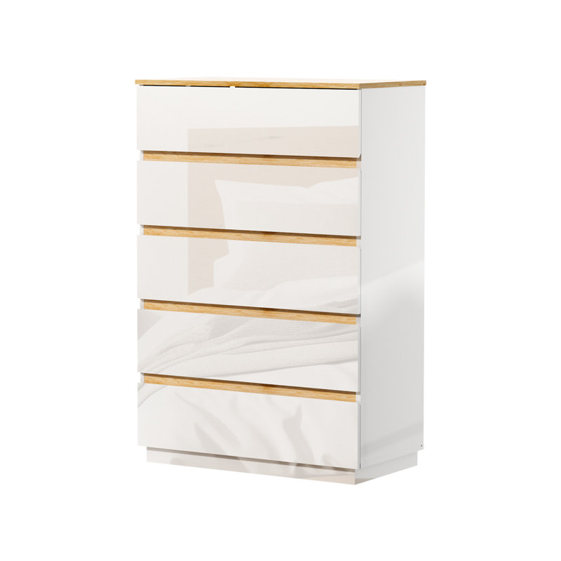 30 Inch Five Drawer Cabinet High Gloss White And Oak Two Tone P2 Particleboard