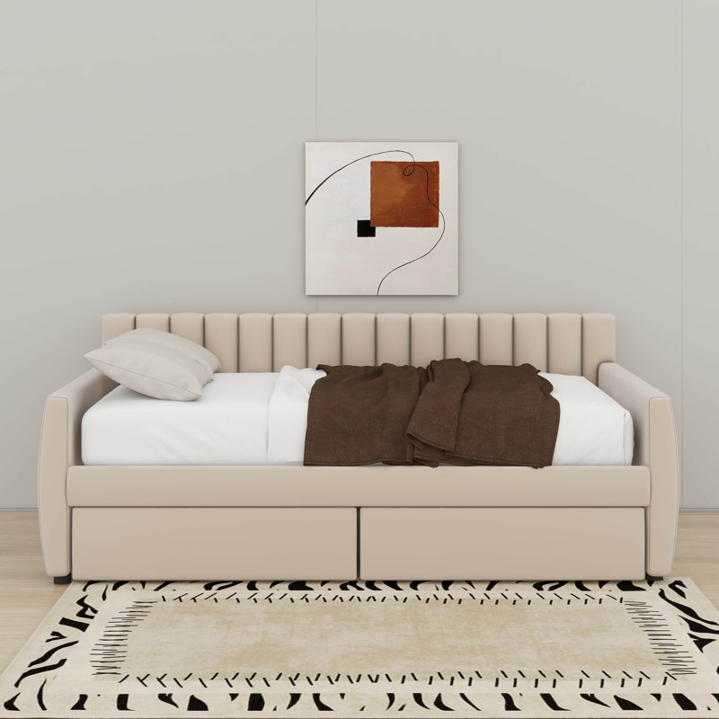 Lit de jour simple tapissier avec tiroirs, Beige