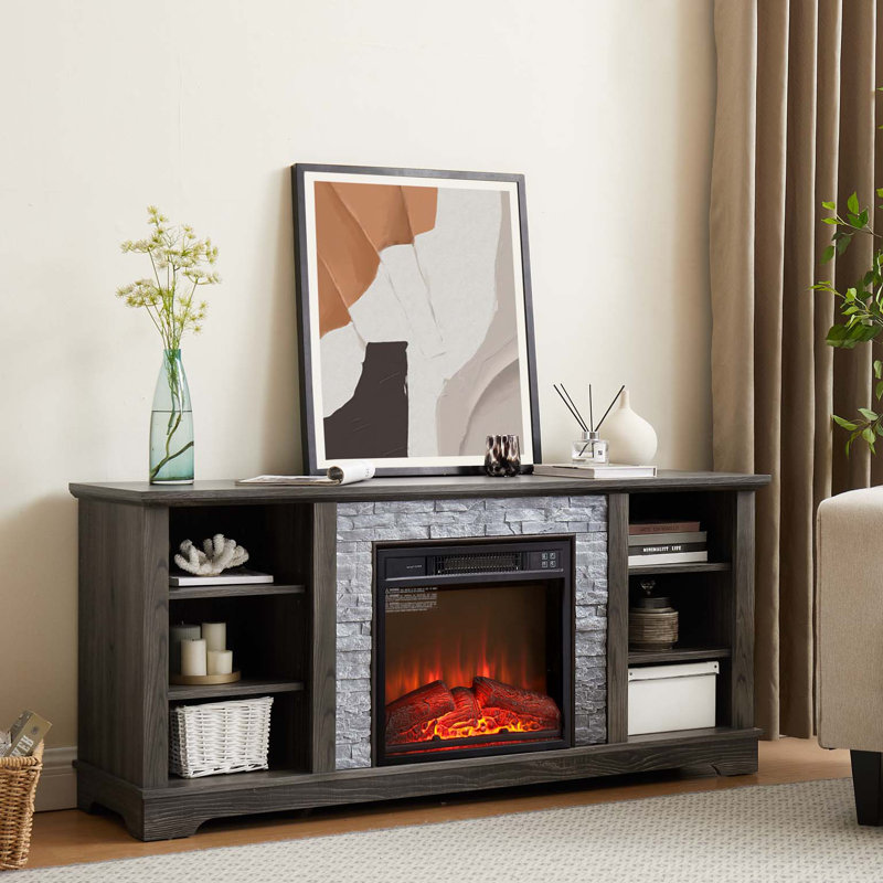 Meuble télé avec foyer électrique en pierre Mantel, H 26 po x l 58 po x P 15 po, Gris, Oui
