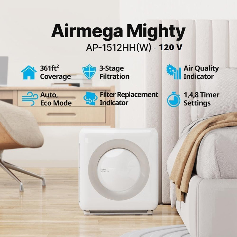 Airmega AP-1512HH True HEPA Air Purifier with Air Quality Monitoring, Auto Mode, Timer, Filter Indicator, Eco Mode, White